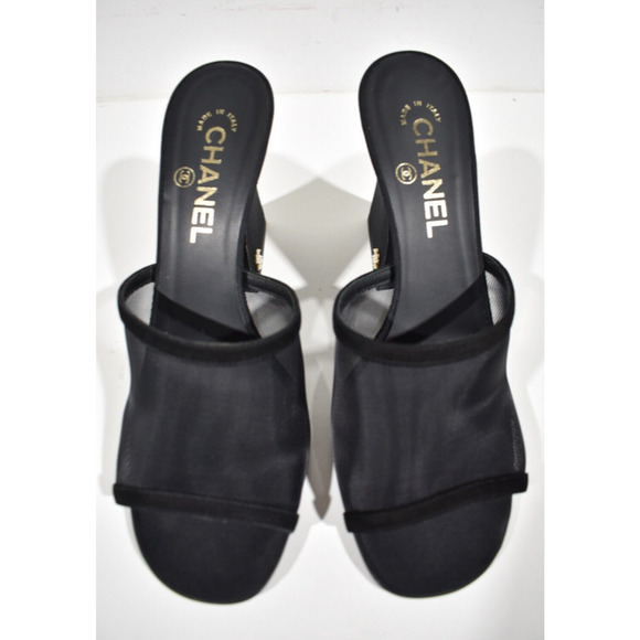 Chanel 22A Black Mesh Pearl CC Logo Block Heel Backless Mule Sandal Pump 40.5 - Picture 6 of 12